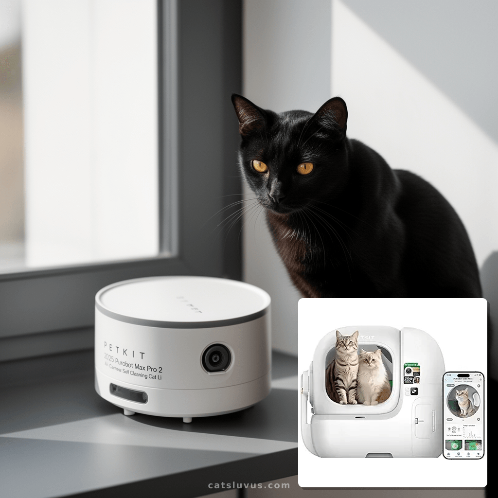 PETKIT 2025 Purobot Max Pro 2 AI-Camera Self Cleaning Cat Li with cat - professional product lifestyle photo