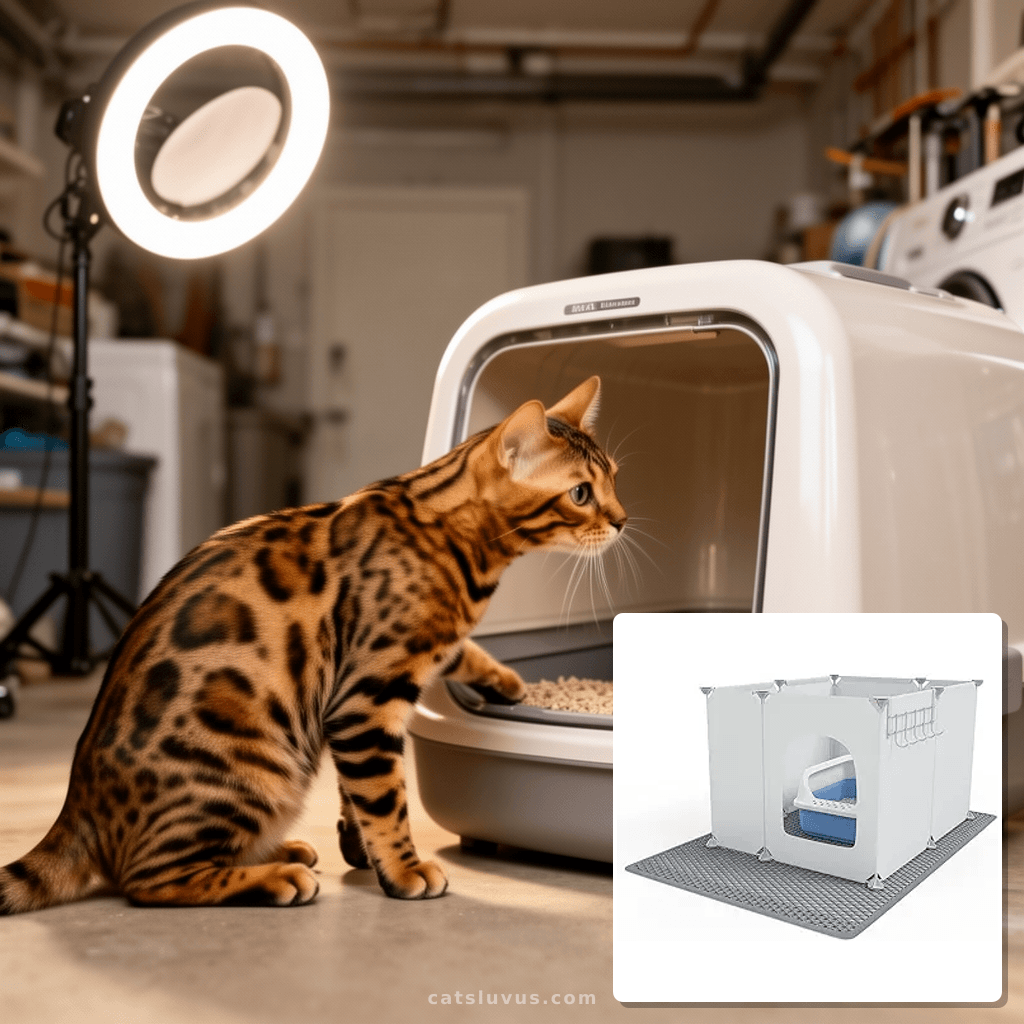 Cat Litter Box Enclosure with cat - professional product lifestyle photo