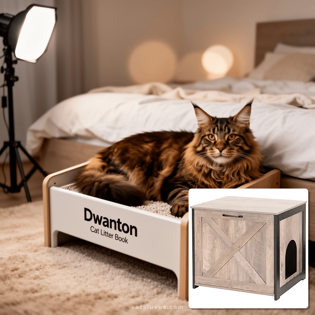 Dwanton Cat Litter Box Furniture Hidden with cat - professional product lifestyle photo