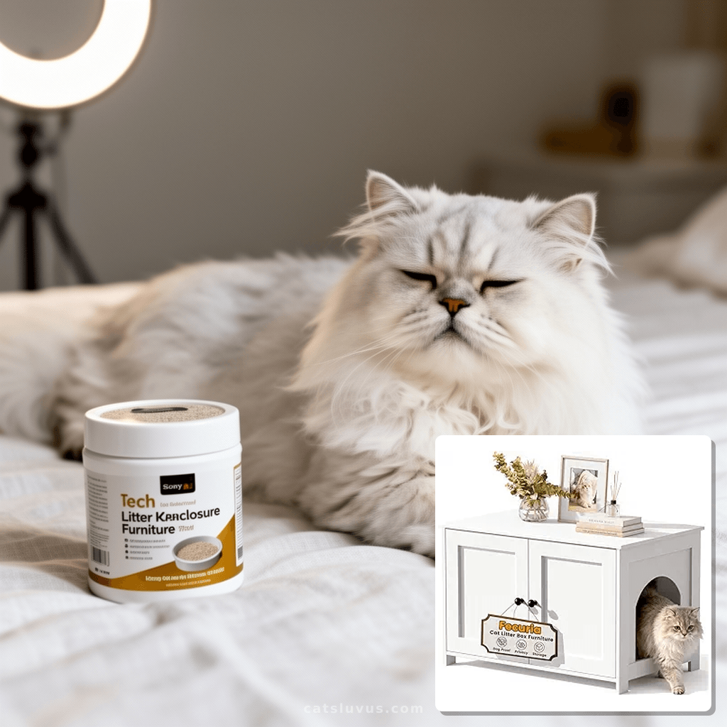 Cat Litter Box Enclosure Furniture Dog Proof with cat - professional product lifestyle photo