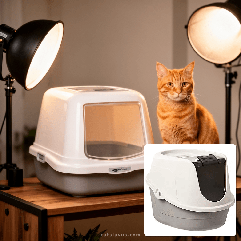 Amazon Basics No-Mess Hooded Cat Litter Box with cat - professional product lifestyle photo