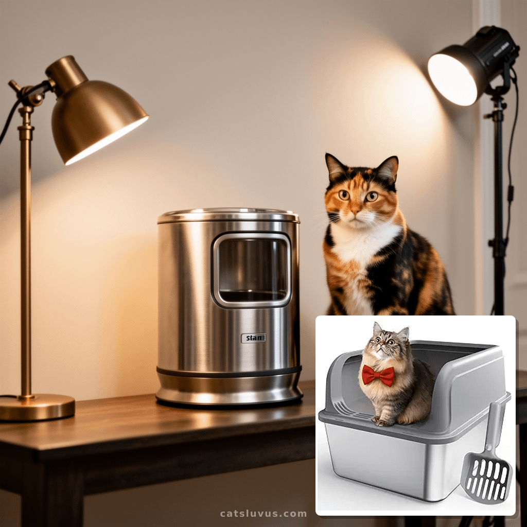 Stainless Steel Cat Litter Box with cat - professional product lifestyle photo