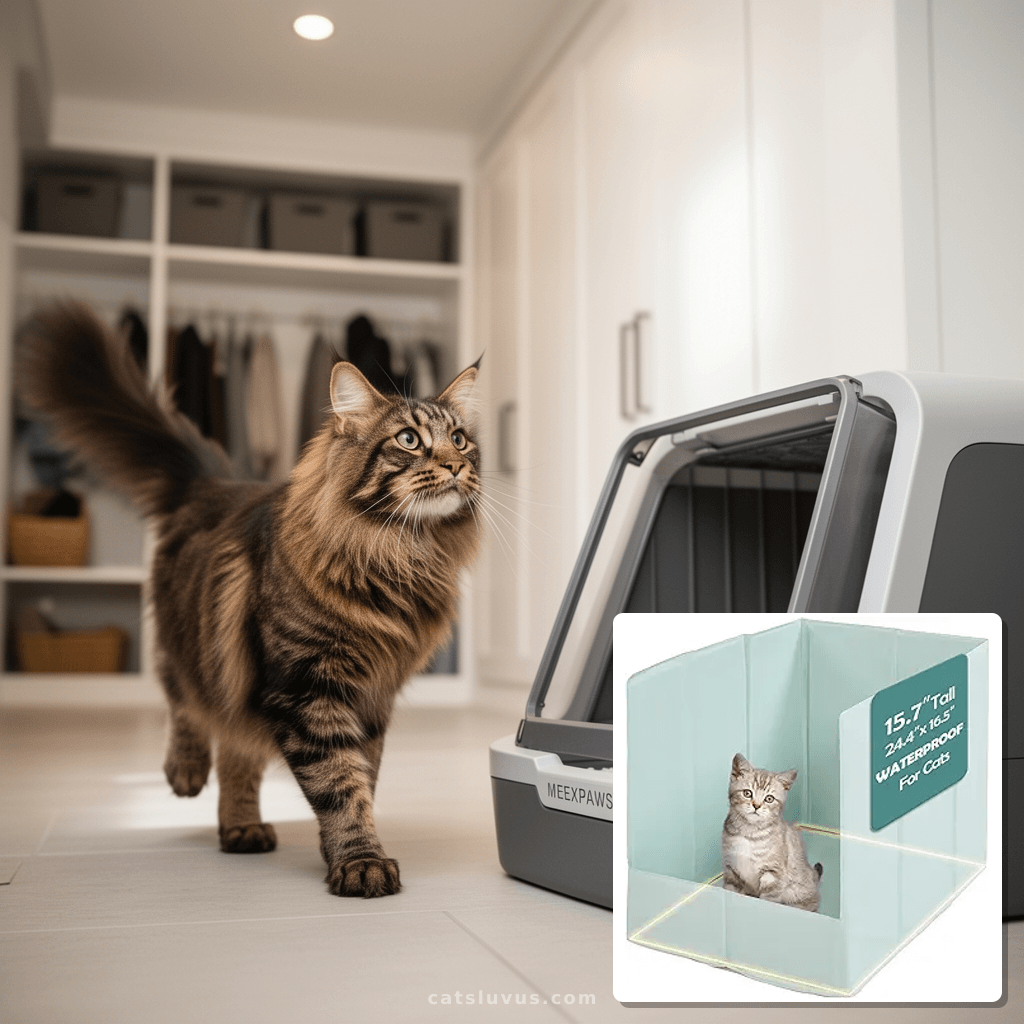 MEEXPAWS Cat Litter Box Enclosure Splash Guard Foldable 24.4 with cat - professional product lifestyle photo