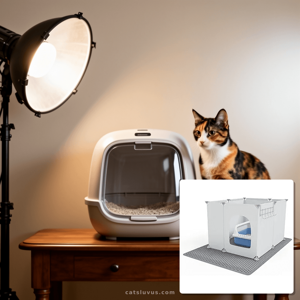 Cat Litter Box Enclosure with cat - professional product lifestyle photo