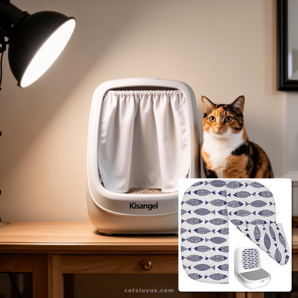 Kisangel Cat Litter Box Curtain with cat - professional product lifestyle photo