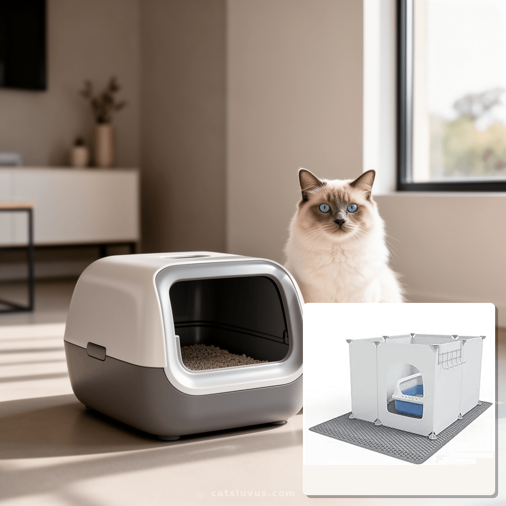 Cat Litter Box Enclosure with cat - professional product lifestyle photo