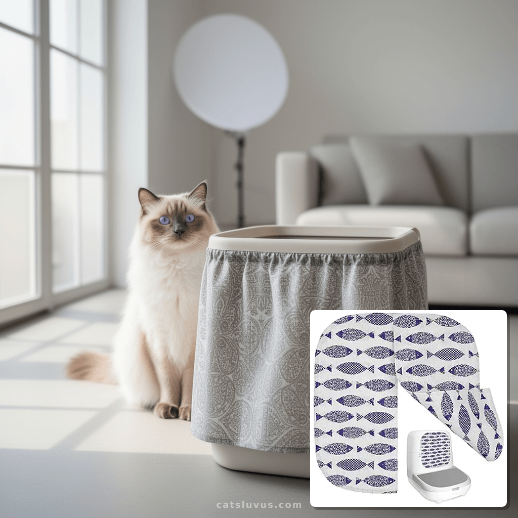 Kisangel Cat Litter Box Curtain with cat - professional product lifestyle photo