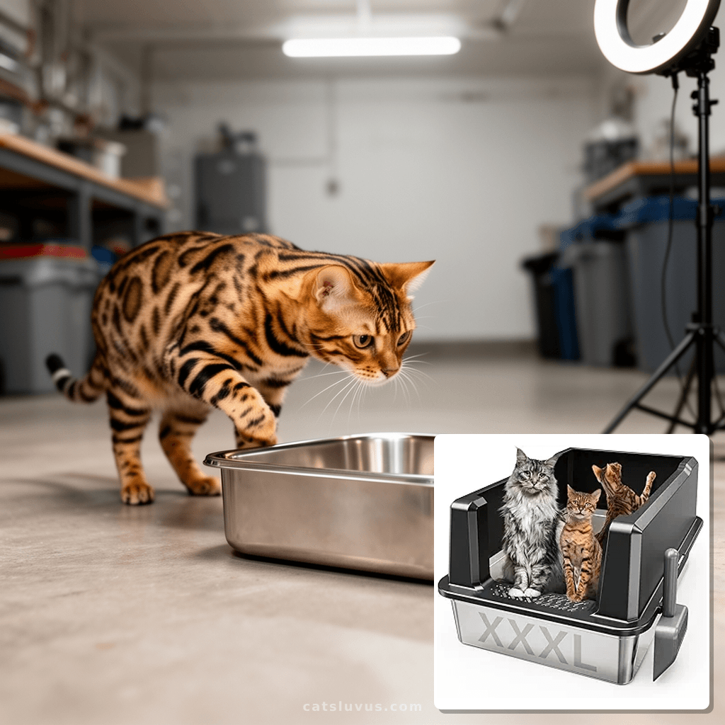 XXL Stainless Steel Litter Box with High Sides 26"x18"x12" E with cat - professional product lifestyle photo