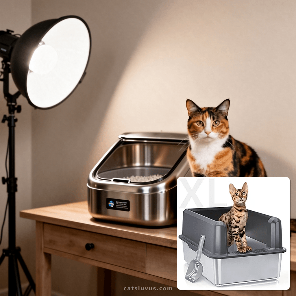 Enclosed Stainless Steel Cat Litter Box with Lid with cat - professional product lifestyle photo