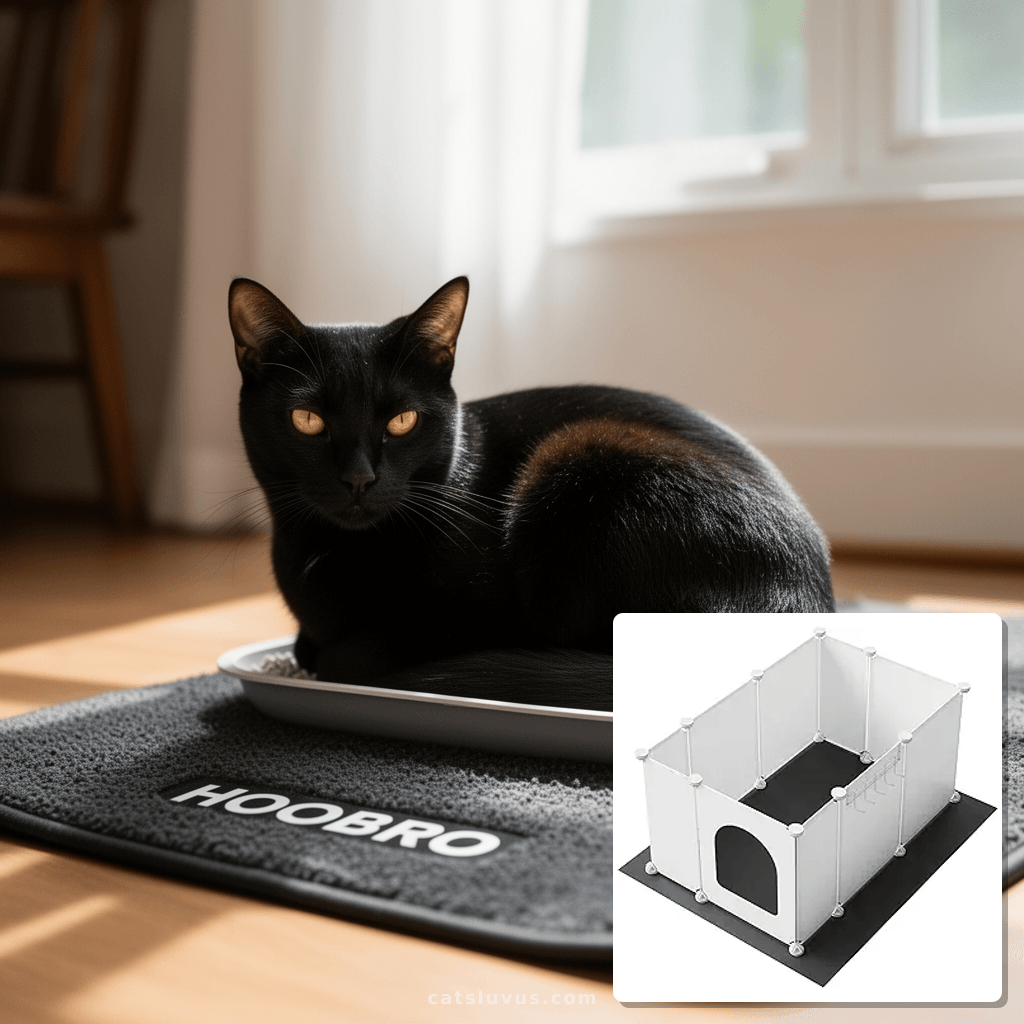 HOOBRO Cat Litter Box Enclosure with Large Oxford Mat with cat - professional product lifestyle photo