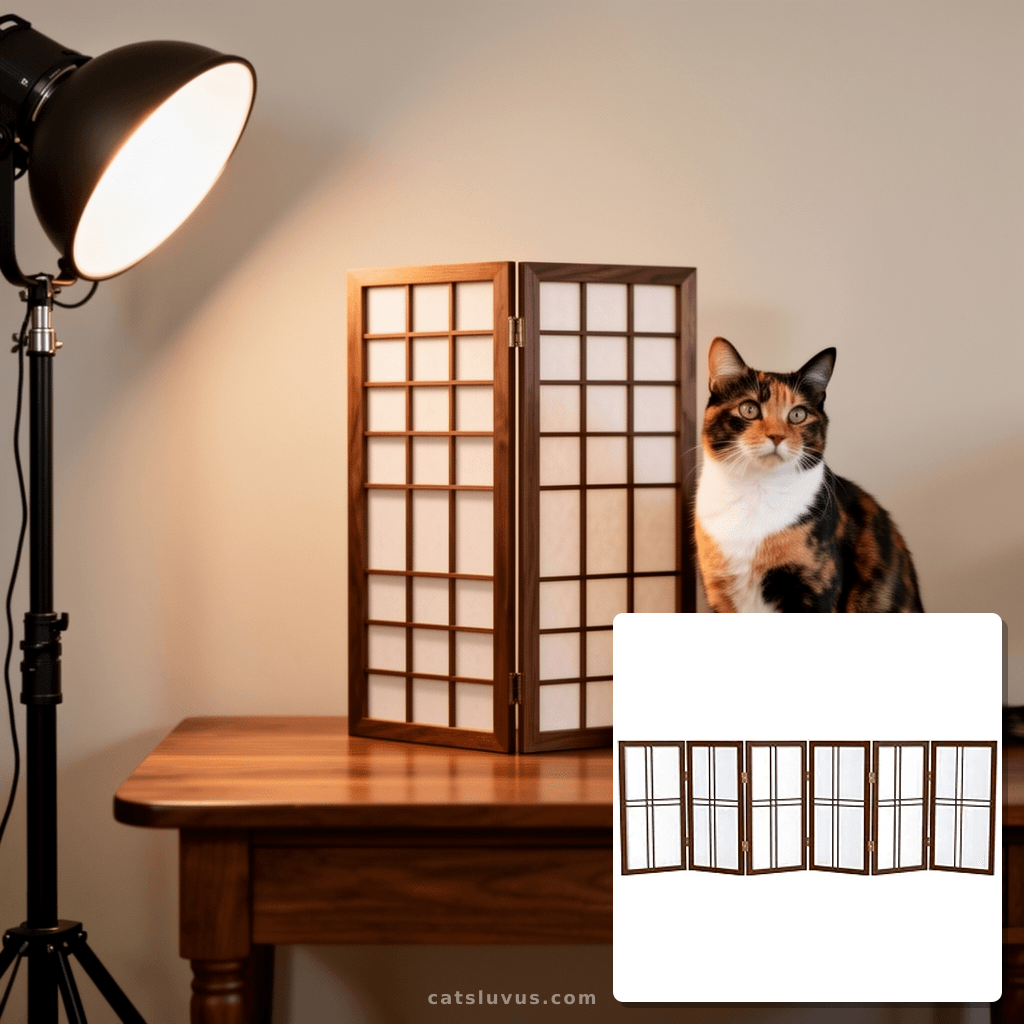 2 ft. Short Desktop Double Cross Shoji Screen - Walnut - 6 P with cat - professional product lifestyle photo