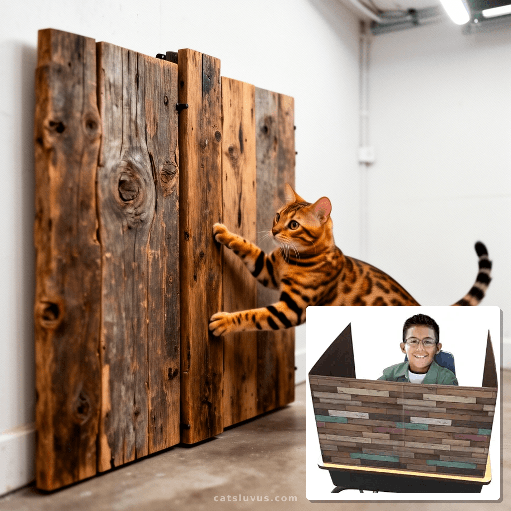 Teaqcher Created Resources Reclaimed Wood Privacy Screen with cat - professional product lifestyle photo