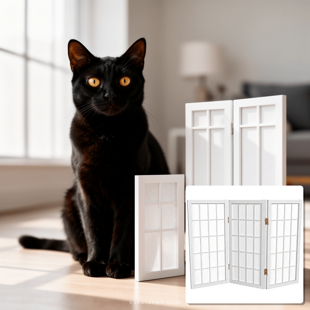 2 ft. Short Desktop Window Pane Shoji Screen - White - 3 Pan with cat - professional product lifestyle photo