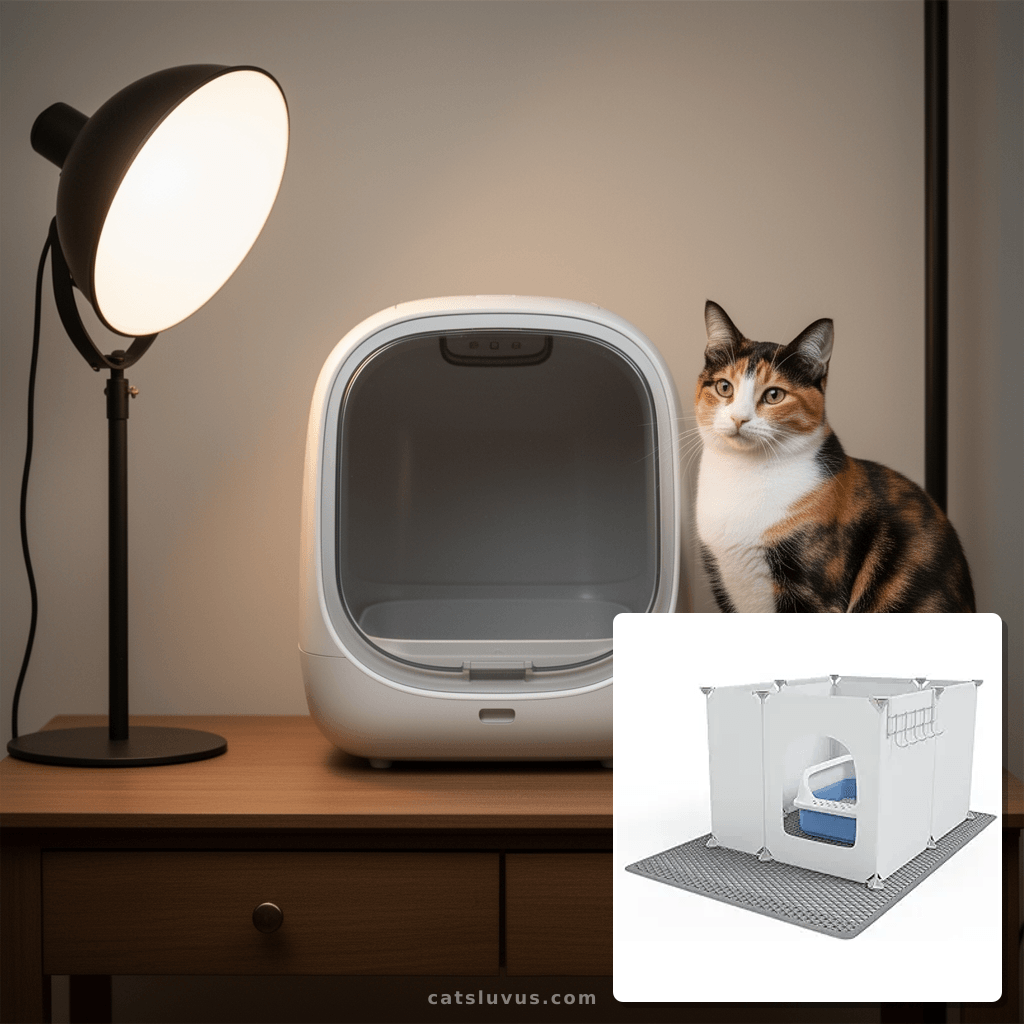 Cat Litter Box Enclosure with cat - professional product lifestyle photo
