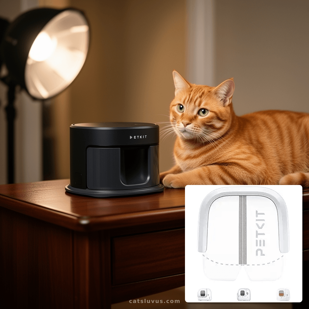 PETKIT Magnetic Dustproof Curtain 2.0 for PURAMAX 2/PUROBOT  with cat - professional product lifestyle photo