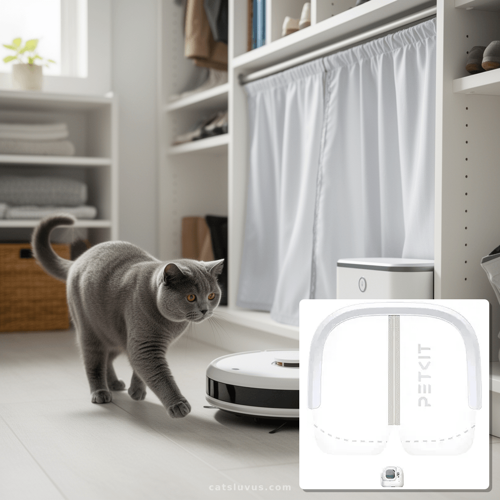 PETKIT Magnetic Dustproof Curtain 3.0 for PUROBOT MAX PRO 2  with cat - professional product lifestyle photo