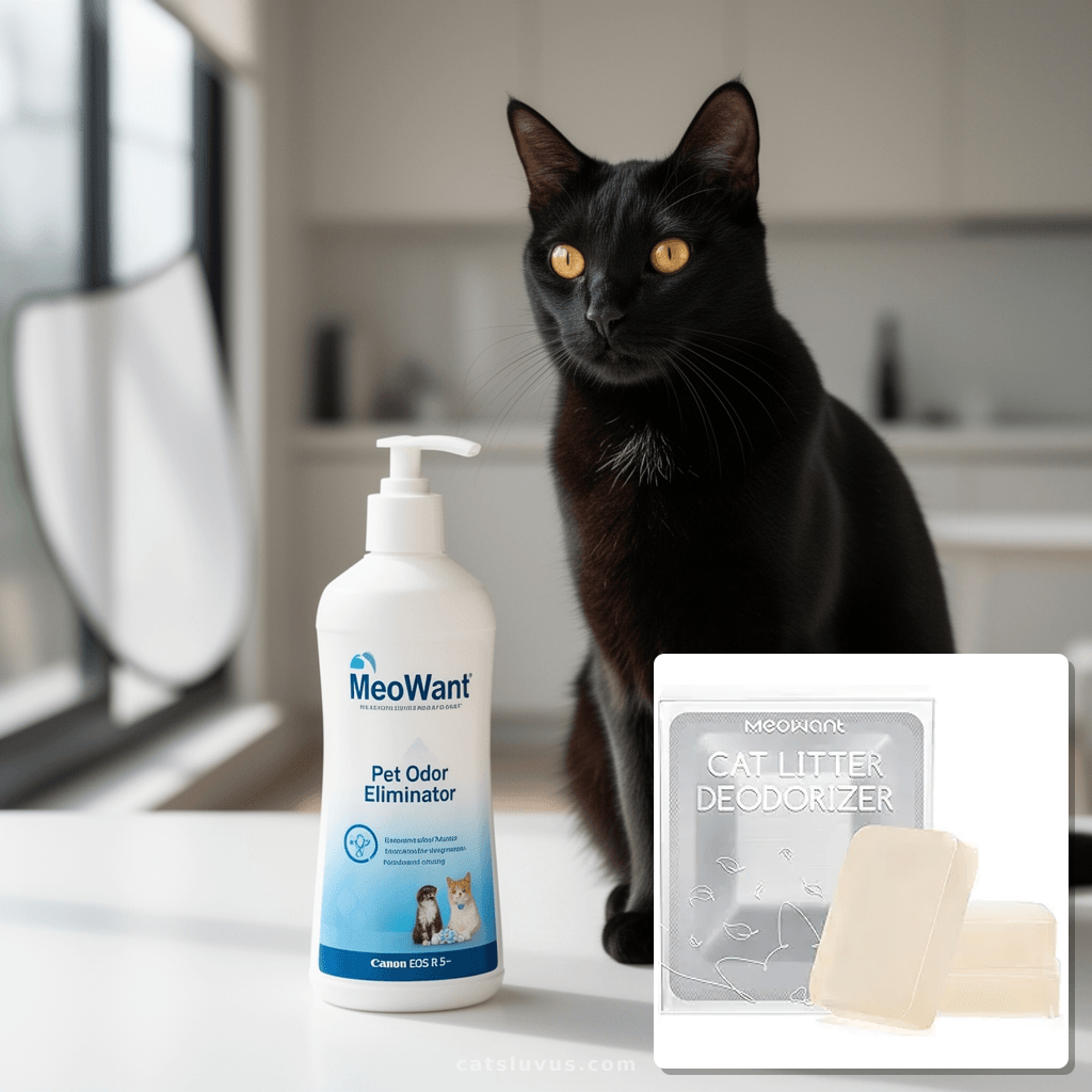 MeoWant Pet Odor Eliminator with cat - professional product lifestyle photo