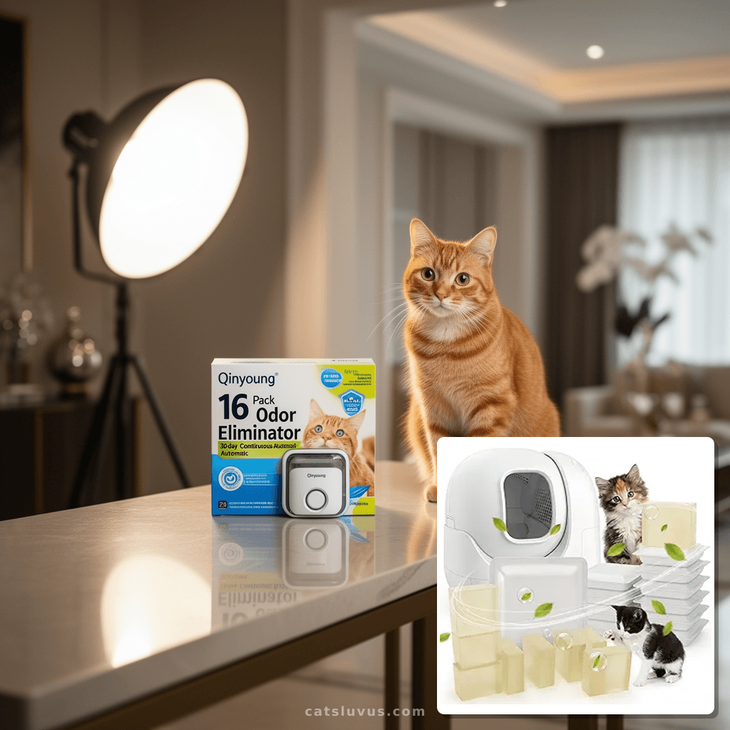 Qinyoung 16 Pack Pet Odor Eliminator 30-day Continuous Autom with cat - professional product lifestyle photo