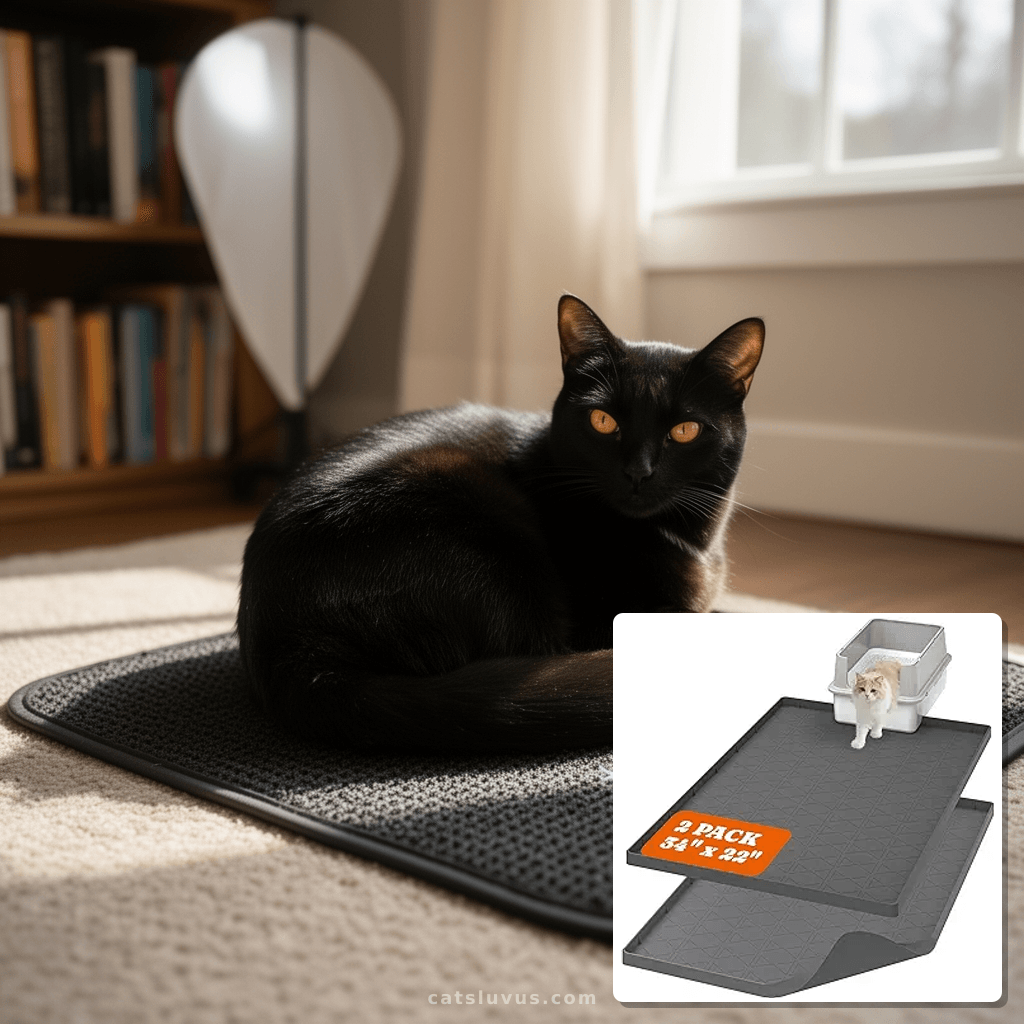 Pawtners Large Cat Litter Mat for Litter Box 2 Packs with cat - professional product lifestyle photo