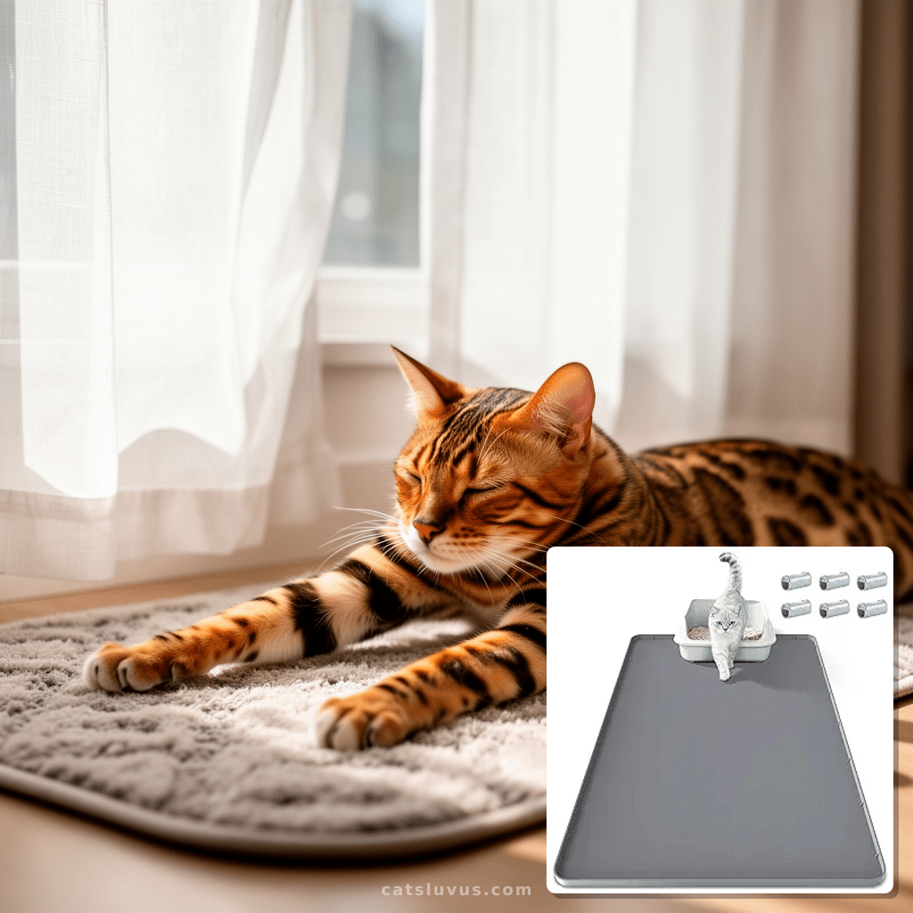 Cat Litter Mat 34" X 22" with cat - professional product lifestyle photo