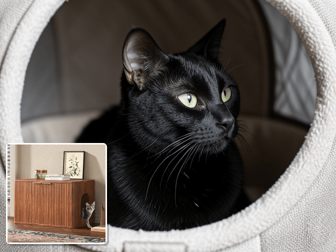 Cat owner reviewing cat litter box furniture for large cats options for their pet in 2026