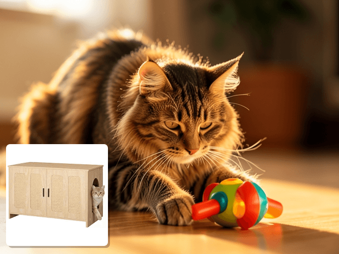 Cat owner reviewing cat litter box furniture hidden side table options for their pet in 2026