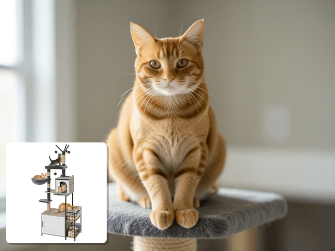 Cat owner reviewing cat litter box furniture with feeding station options for their pet in 2026