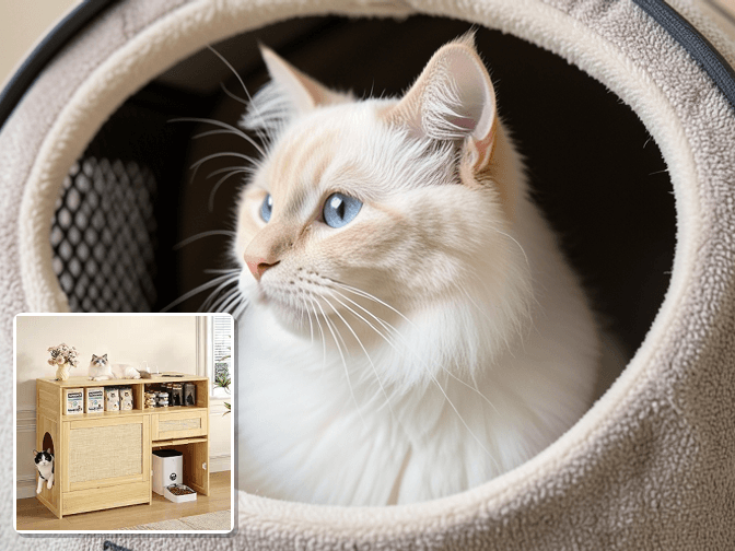 Cat owner reviewing cat litter box furniture with pull out tray options for their pet in 2026