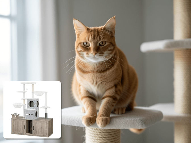 Cat owner reviewing cat litter box furniture with scratching post options for their pet in 2026