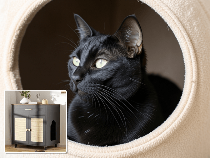 Cat owner reviewing wooden cat litter box enclosure cabinet options for their pet in 2026