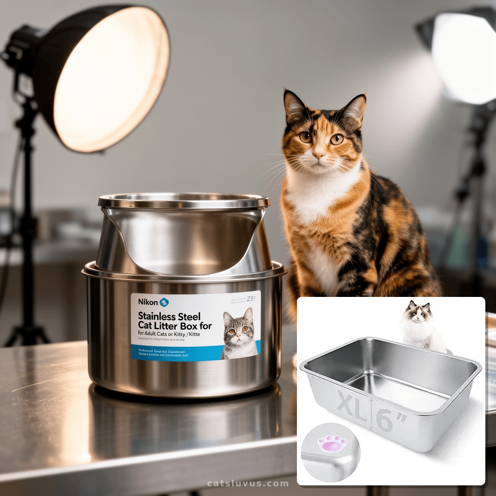 Stainless Steel Cat Litter Box for Adult Cats or Kitty/Kitte with cat - professional product lifestyle photo