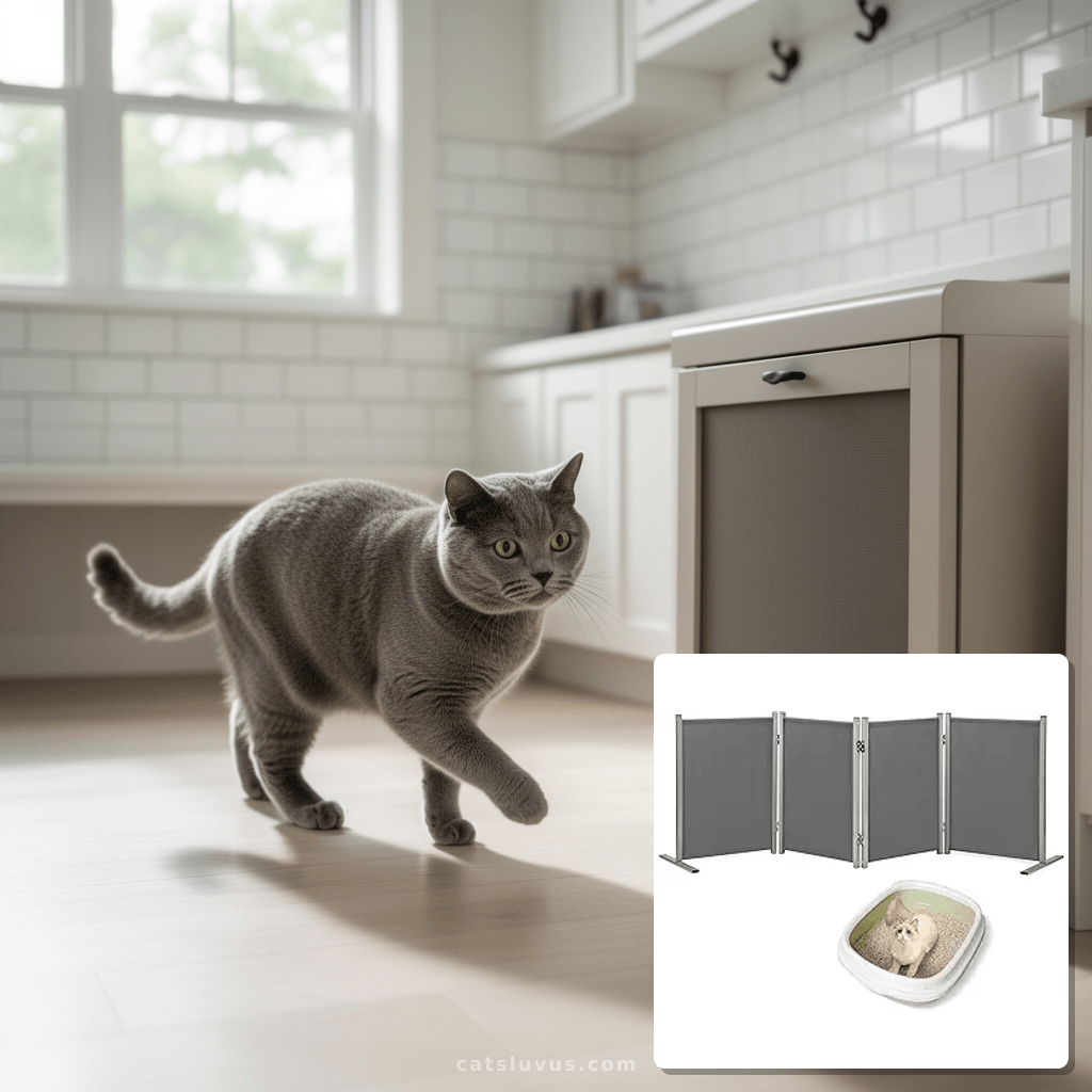 Rantila Cat Litter Box Privacy Screen Cat Litter Box Furnitu with cat - professional product lifestyle photo
