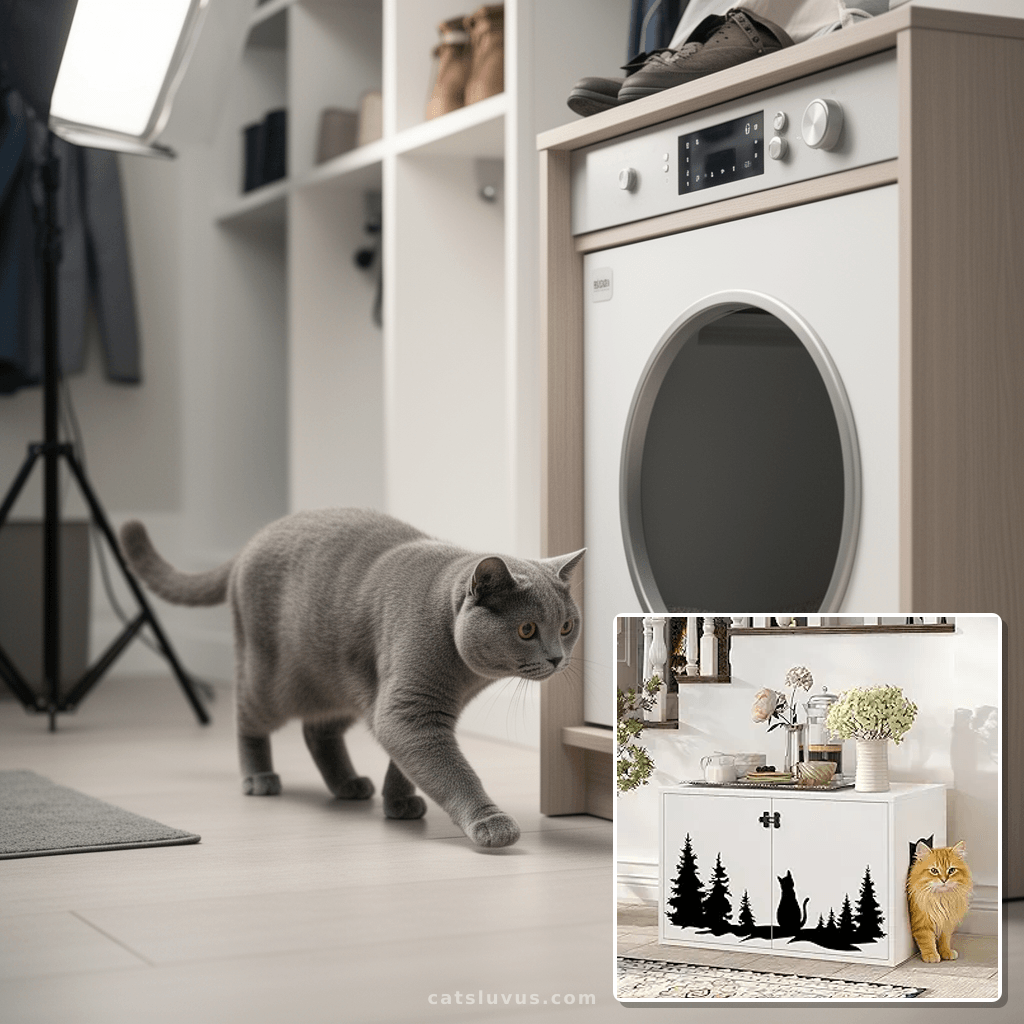 Hidden Cat Litter Box Furniture Enclosure Cabinet with Remov with cat - professional product lifestyle photo