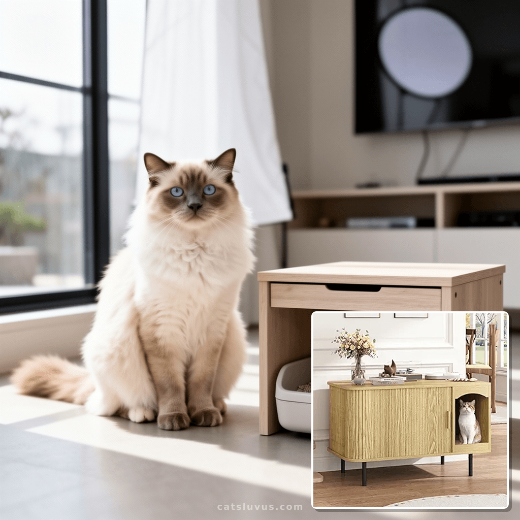 Cat Litter Box Enclosure Furniture with cat - professional product lifestyle photo