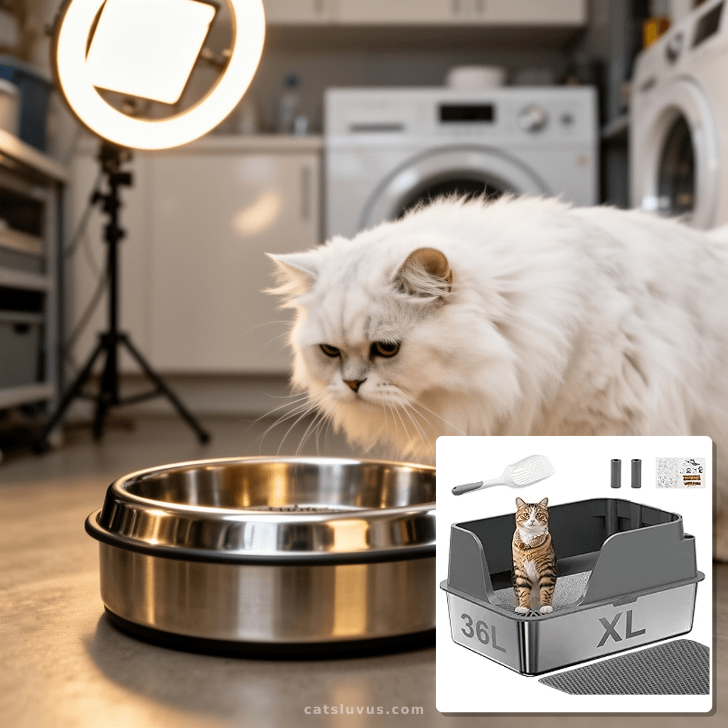 Non-stick Stainless Steel Litter Box with cat - professional product lifestyle photo