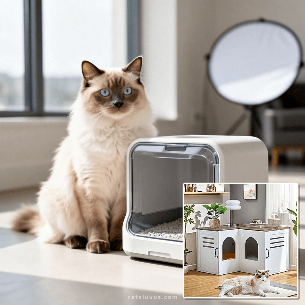 Corner Litter Box Enclosure for 2 Cats with cat - professional product lifestyle photo
