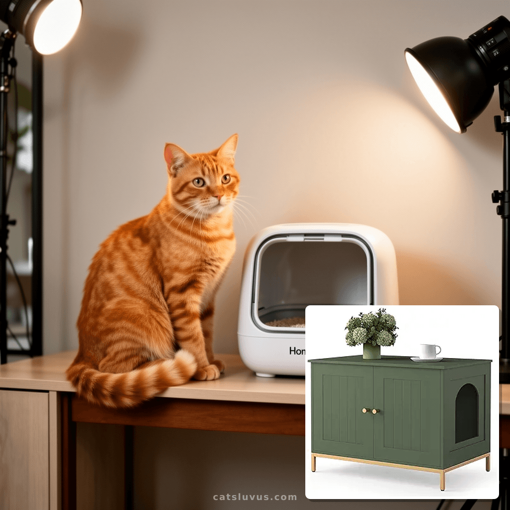 Homhedy Cat Litter Box Enclosure with cat - professional product lifestyle photo