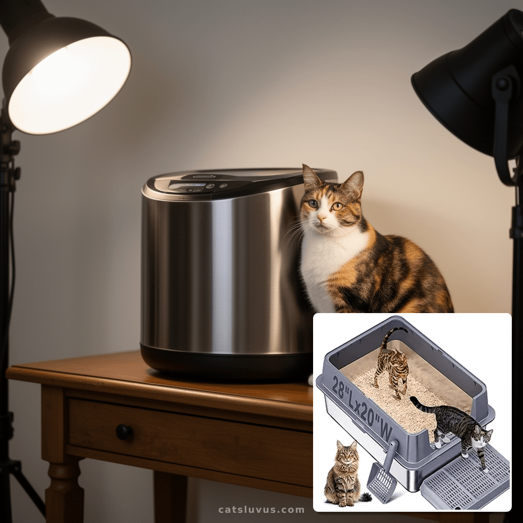 Stainless Steel Litter Box with cat - professional product lifestyle photo