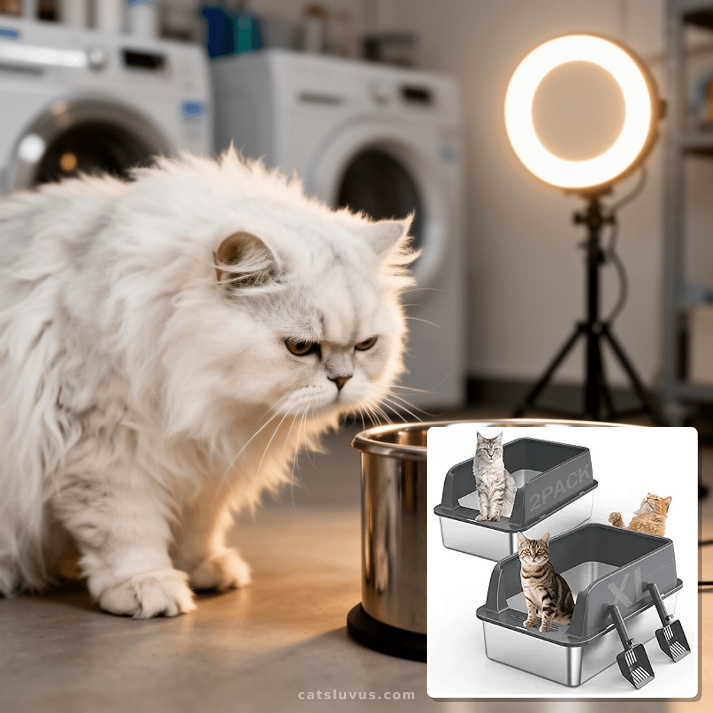 2PACK Stainless Steel Litter Box with cat - professional product lifestyle photo
