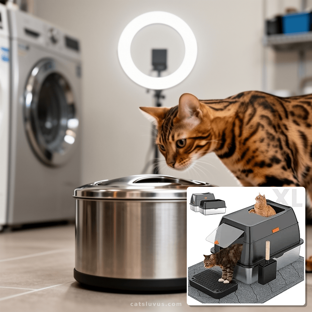 Stainless Steel Litter Box with Lid with cat - professional product lifestyle photo