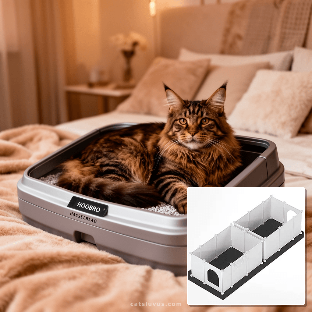 HOOBRO Double Cat Litter Box Enclosure Splash Guard with Lar with cat - professional product lifestyle photo