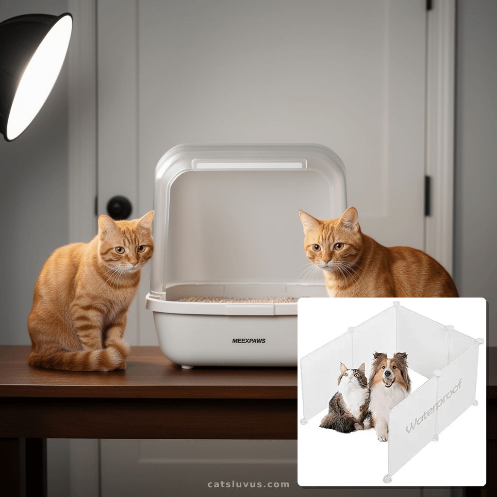 MEEXPAWS Cat Litter Box Enclosure Splash Guard Extra Large 2 with cat - professional product lifestyle photo