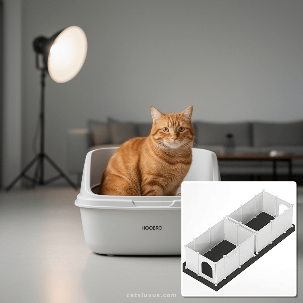 HOOBRO Double Cat Litter Box Enclosure Splash Guard with Lar with cat - professional product lifestyle photo
