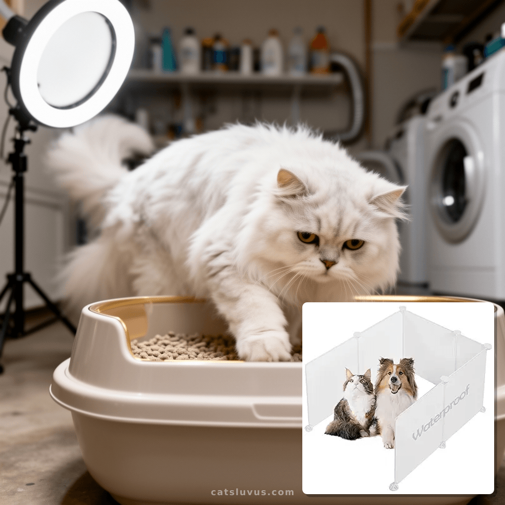 MEEXPAWS Cat Litter Box Enclosure Splash Guard Extra Large 2 with cat - professional product lifestyle photo