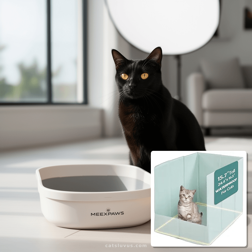 MEEXPAWS Cat Litter Box Enclosure Splash Guard Foldable 24.4 with cat - professional product lifestyle photo