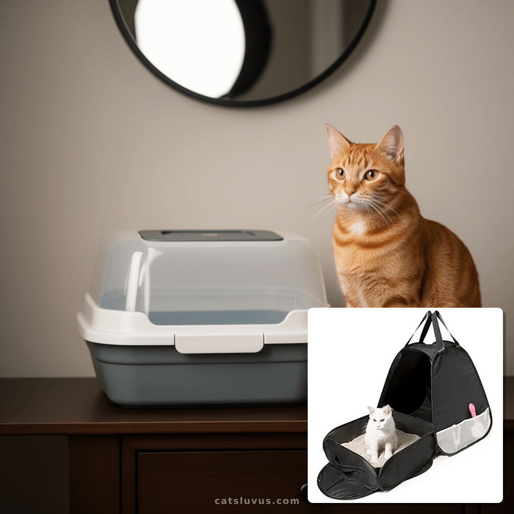 Large Portable Upgrade Travel Cat Litter Box with cat - professional product lifestyle photo