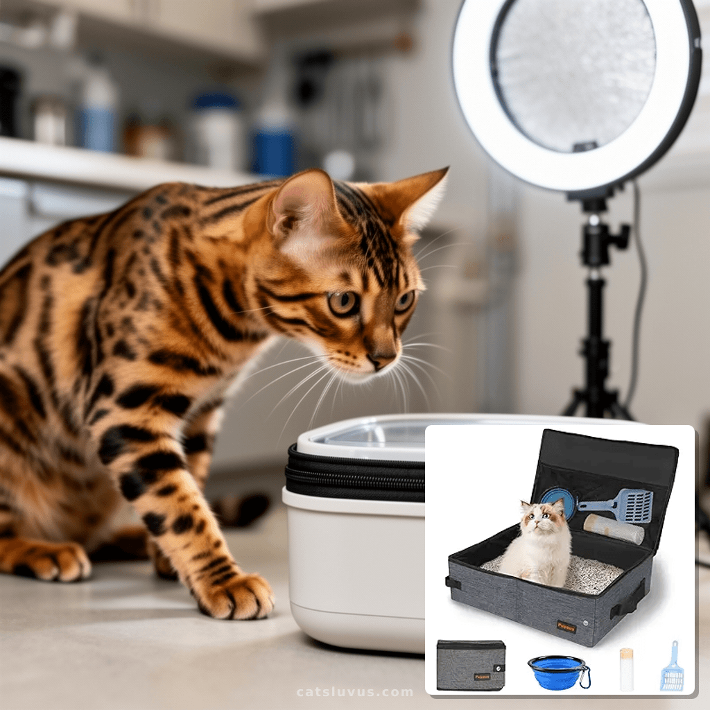 Portable Cat Travel Litter Box. Zipped Lid with cat - professional product lifestyle photo