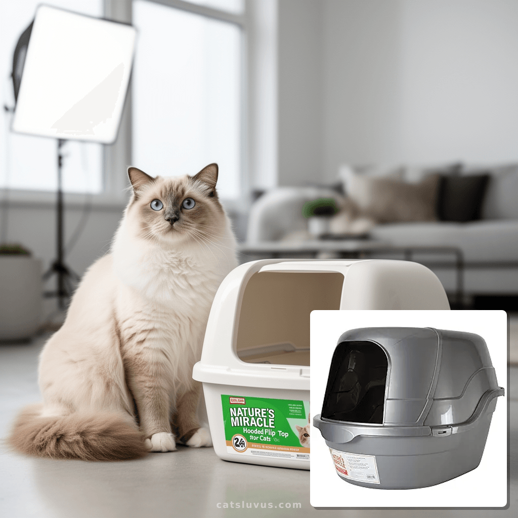 Nature’s Miracle Hooded Flip Top Litter Box for Cats with cat - professional product lifestyle photo