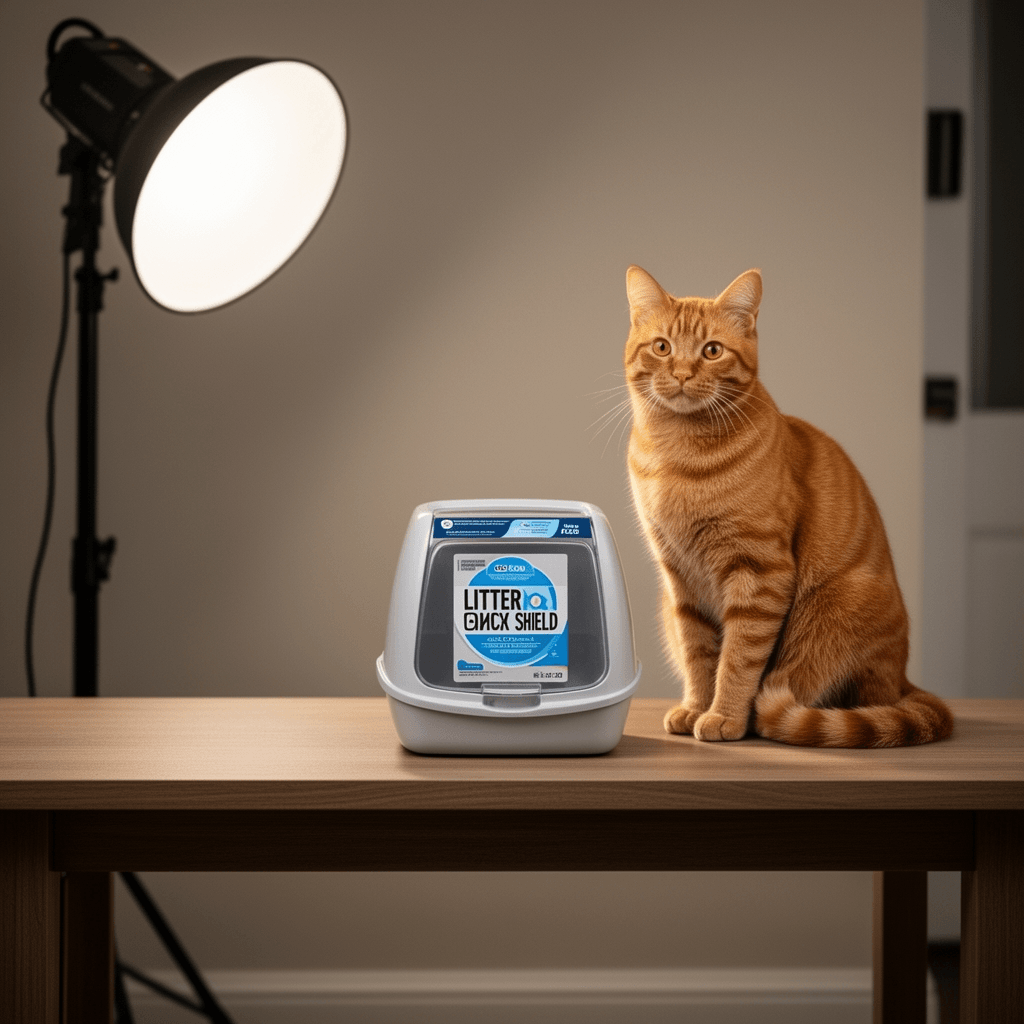 Litter Box Shield with cat - professional product lifestyle photo