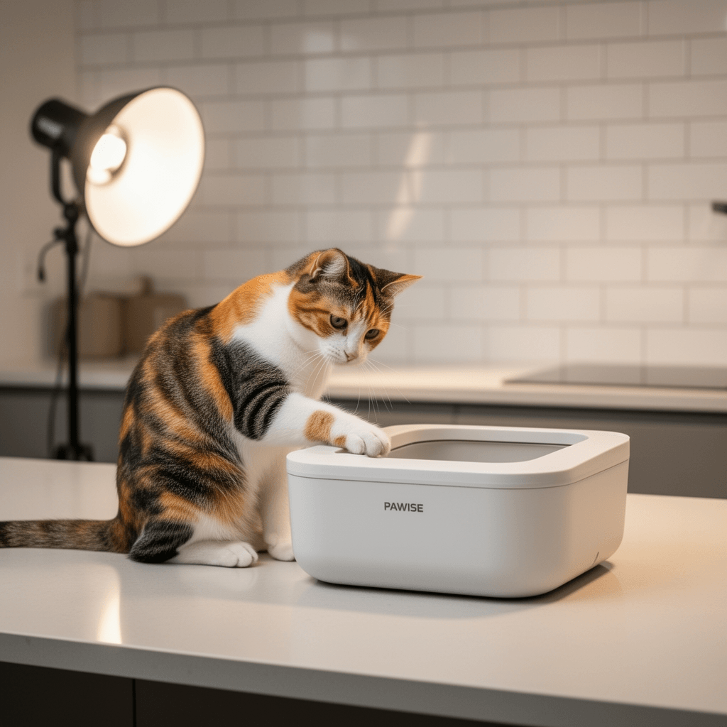 PAWISE Small Cat Litter Box with cat - professional product lifestyle photo